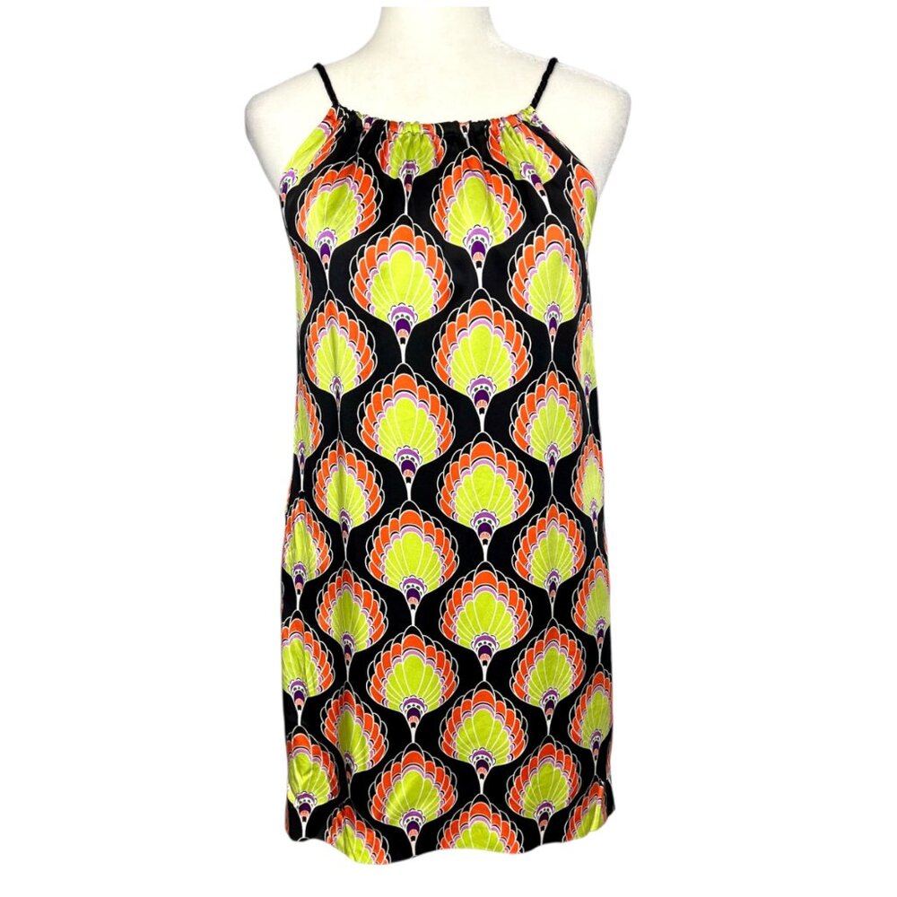 Julie Brown Womens Silk Sleeveless Shift Dress Black Green Balloon Print size 4